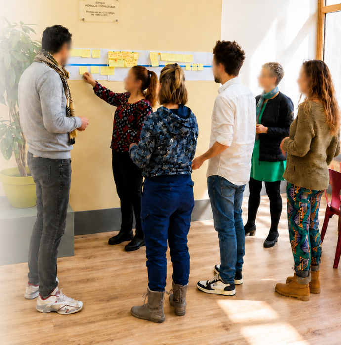 Atelier Org’Ens avec une équipe mobilisée pour débloquer une situation de travail en rendant les éléments clés visibles sur un mur de post-it.