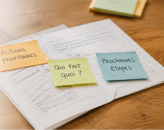 Plan d’action avec actions prioritaires, répartition des responsabilités et prochaines étapes.